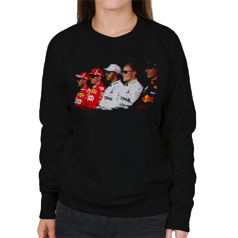 performance gym sweatshirtMotorsport Images Vettel Raikkonen Hamilton Botta & Verstappen Line Up Abi Dhabi GP Women's Sweatshirt