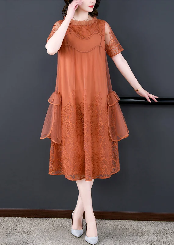 Final Clearance Loose Orange Ruffled Embroidered Tulle Dress Summer
