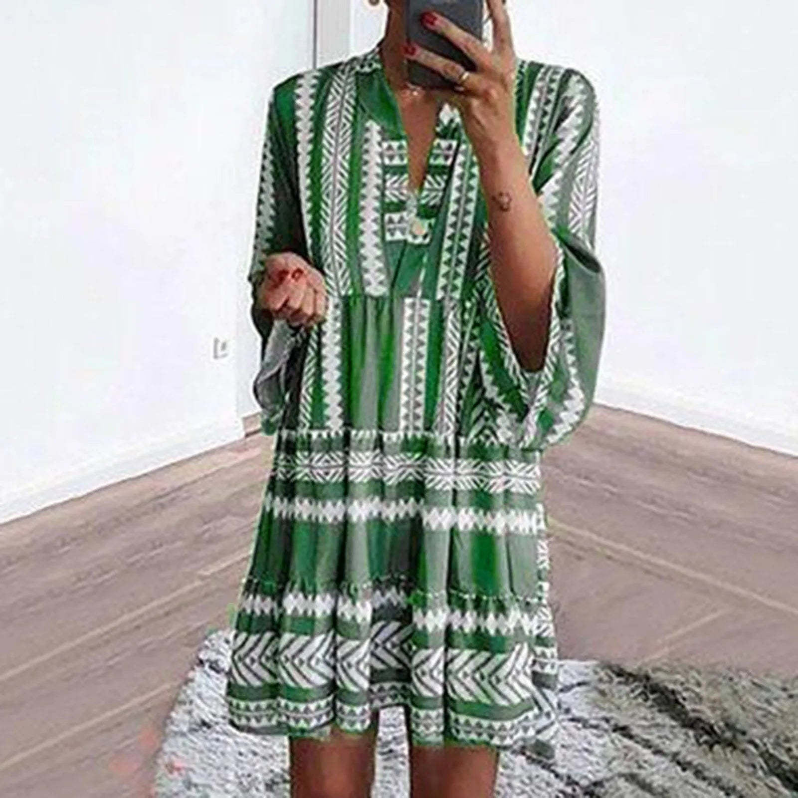 oversized dressJuliaFashion - Women Aztec Boho Flared Sleeve Tiered Tunic Summer Ladies Vacation Resort Wear Vintage Loose Beach Female Clothing Dress