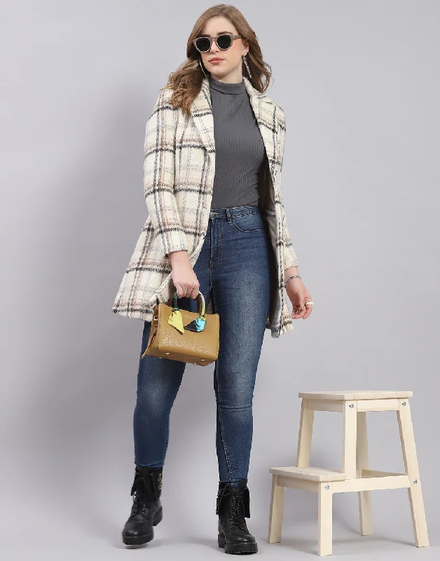 Exclusive Savings Women Cream Check Lapel Collar Full Sleeve Coat
