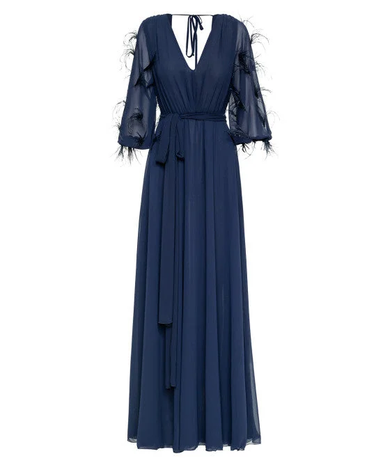 Members Only Access Fashion Navy Maxi Dress With Feather Sleeves