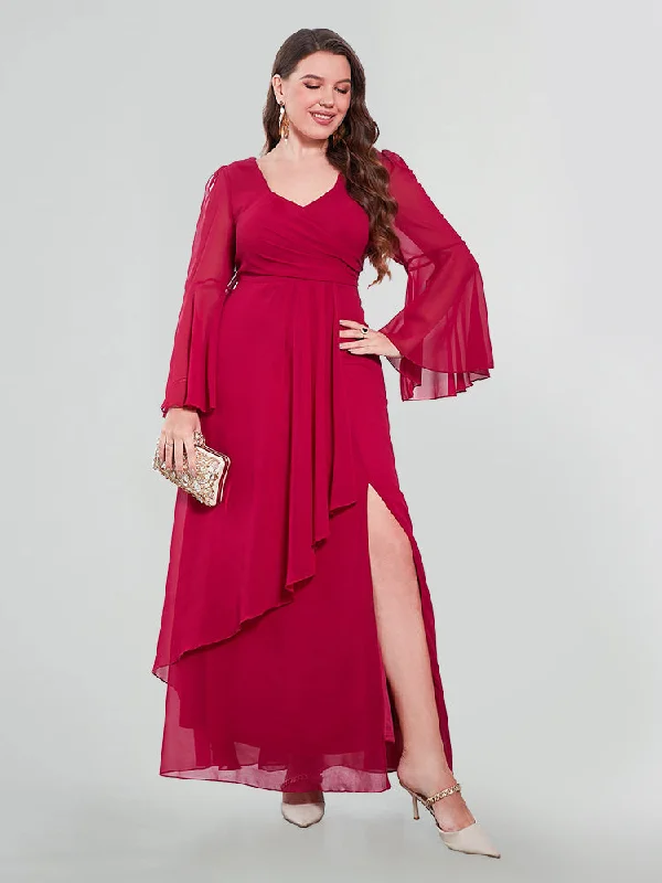 flowy evening dressFlare Sleeve Ruffle Trim Asymmetrical Hem Bridesmaid Dresses