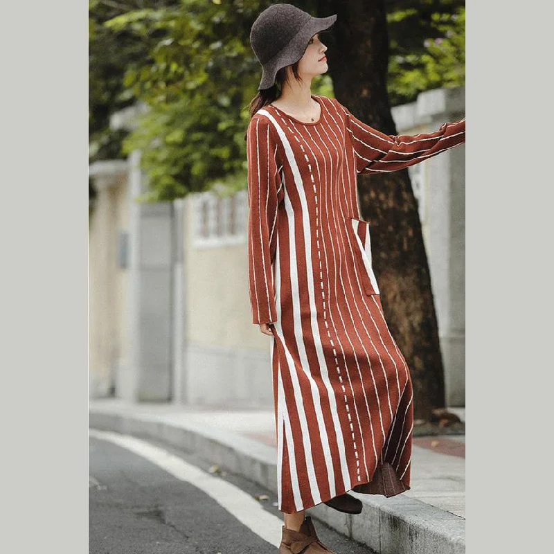 floral dressFashion Brown Striped Baggy Maxi Sweater Dresses For Women