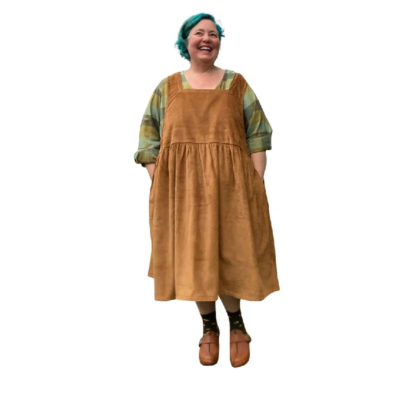 chic shift dressKelly Corduroy Square Neckline Pinafore Caramel | Plus Size Dress with pockets available in sizes 14-36