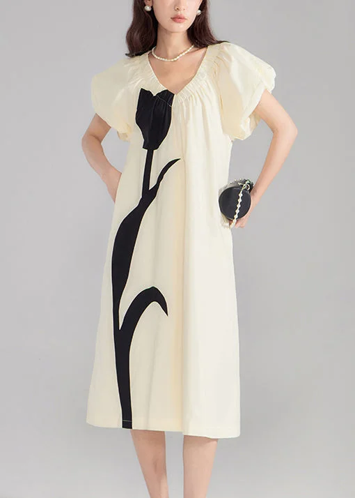 Extra Discounts New Beige V Neck Print Solid Cotton Dresses Summer