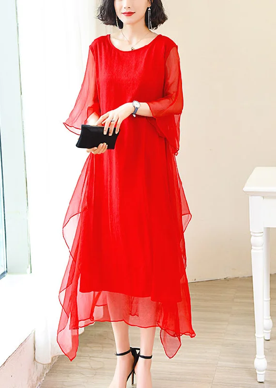 Don't Wait Elegant Red O-Neck Solid Ice Silk Long Dress Flare Sleeve
