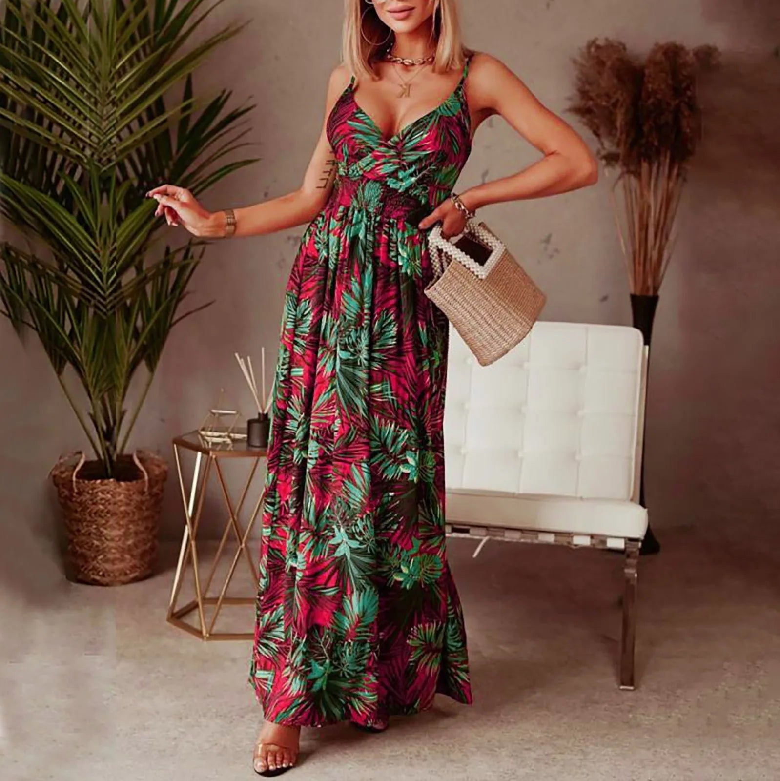 flowy maxi dressJuliaFashion - Sexy Spaghetti Strap Floral Print Boho Maxi Women 2024 Summer Casual Beach Robe Elegant V-Neck Backless Long Dress