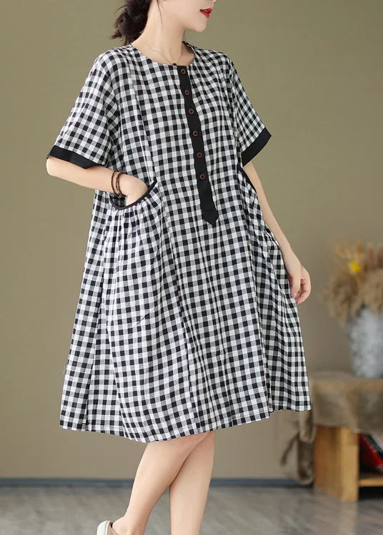 casual evening dressNatural O Neck Big Plaid Pockets Loose Cotton Dress Summer