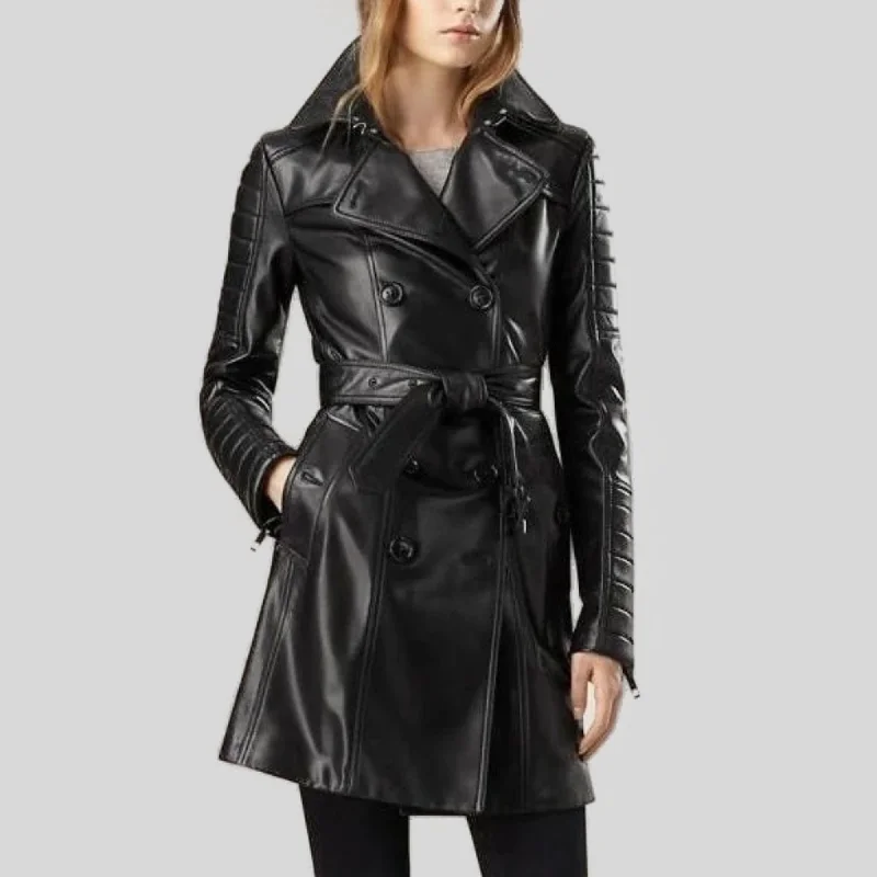 trendy casual outerwearWomen Designer Ladies Vintage Outerwear Black Trench Leather Long Coat