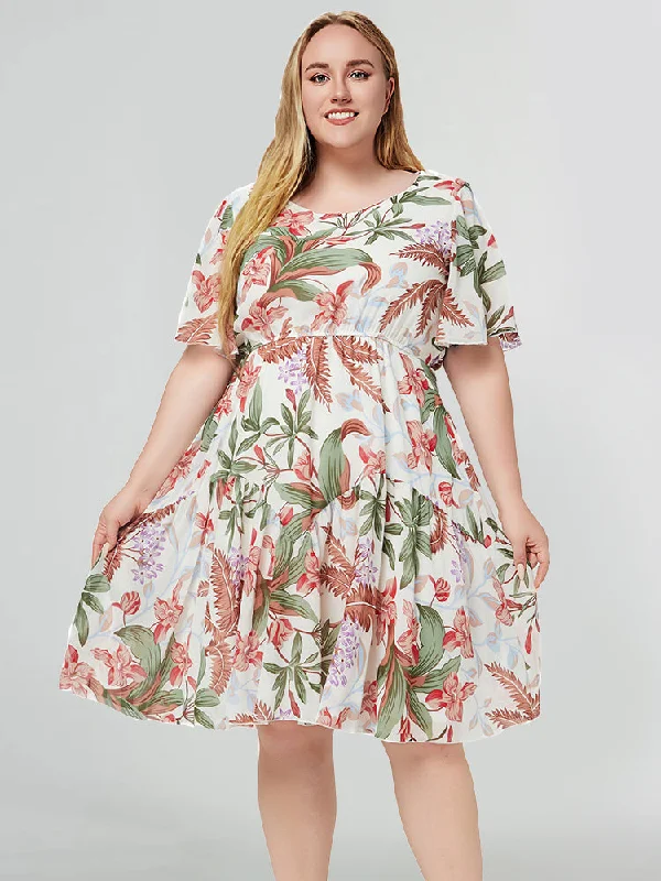 spaghetti strap dressFloral Round Neck Ruffle Sleeve Elastic Waist Dress