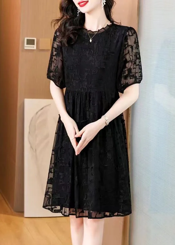 Bonus Savings Elegant Black Embroidered Ruffled Silk Dresses Summer