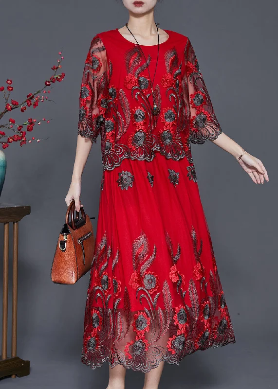 winter dressDIY Red Embroidered Tulle Vacation Dresses Summer