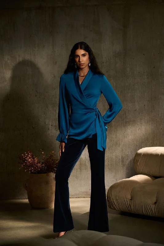 Major Savings Joseph Ribkoff Pacific Blue Satin Wrap Blouse
