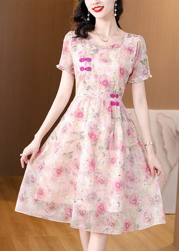 bodycon dressPink Print Chiffon Dress Ruffled Tasseled Summer