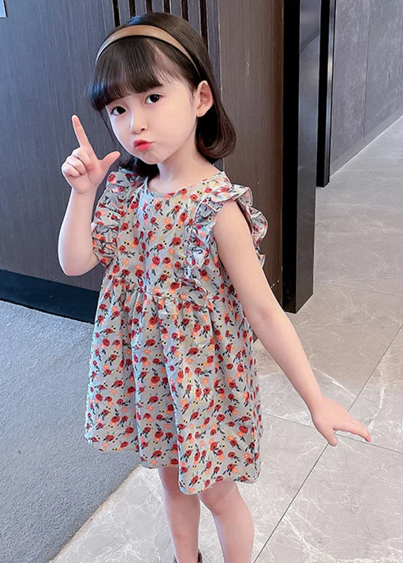 chic slip dressLovely O-Neck Ruffled Print Kids Maxi Dress Summer