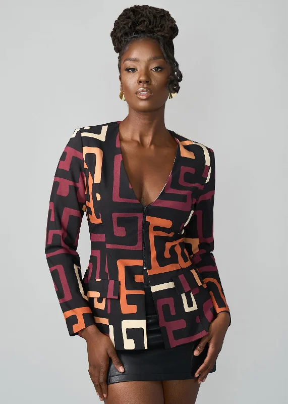 Steals and Deals Fafa Women's African Print Stretch Zip-Up Blazer (Neutral Kuba Geometric)