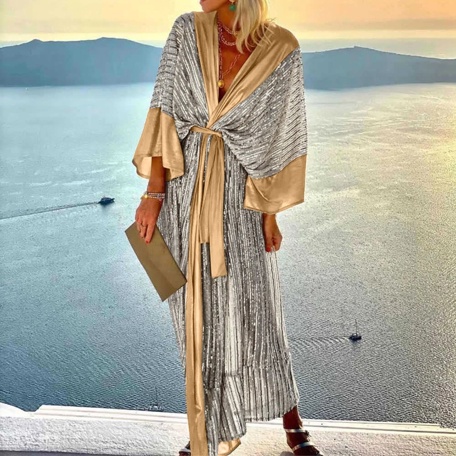 Best Seller JuliaFashion - Women Sequin Cardigan Bat Sleeve Party Holiday V Neck Long Evening Holiday Midi For Women Kimono Cover Up Dress