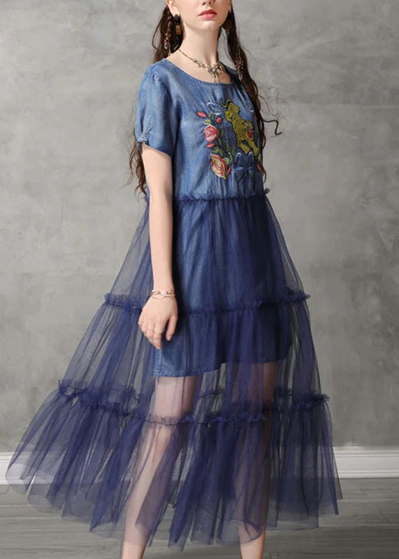 romantic dressClassy Blue O-Neck Embroidered Tulle Patchwork Long Denim Dresses Short Sleeve