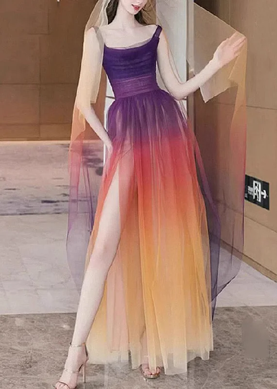 wool dressBoho Gradient Color Side Open Tulle Spaghetti Strap Dress Sleeveless