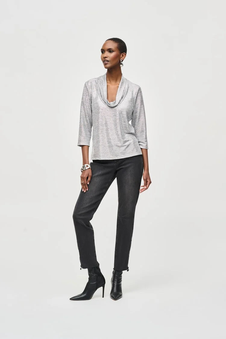 Loyalty Reward Joseph Ribkoff Grey/Silver Foiled Knit Cowl Collar Top