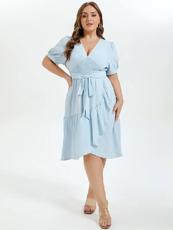 modern dressV-Neck Puff Sleeve Ruffle Trim Tie Front Midi Dress