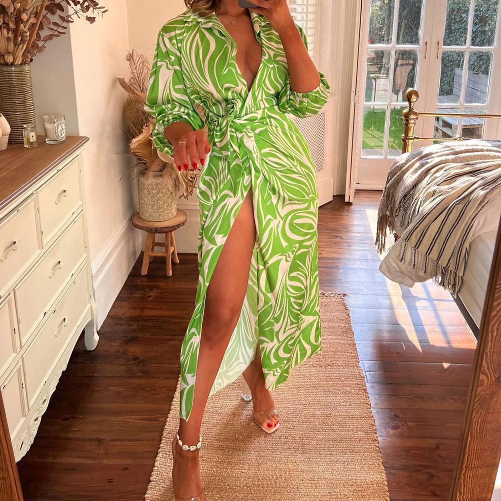 Limited Stock JuliaFashion - Sexy Tie-Up Wrap Split Robe Party Women Half Sleeve Elegant Colorblock Striped Print Lapel Shirt Lady Long Dress