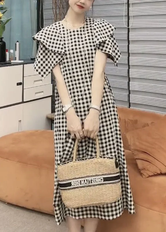 Savings Galore Vogue Black Plaid Tie Waist Long Dresses Short Sleeve