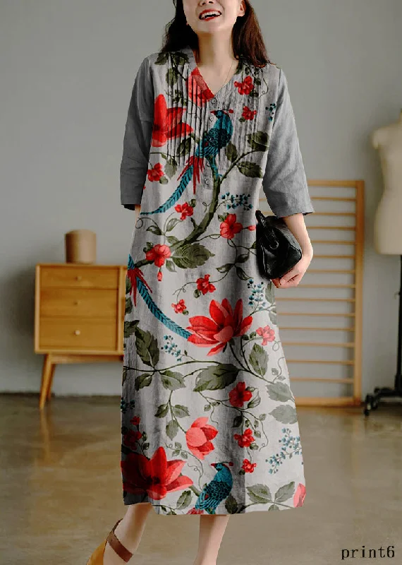 casual slip dressGrey Print6 Loose Linen Long Dresses Button Solid Half Sleeve