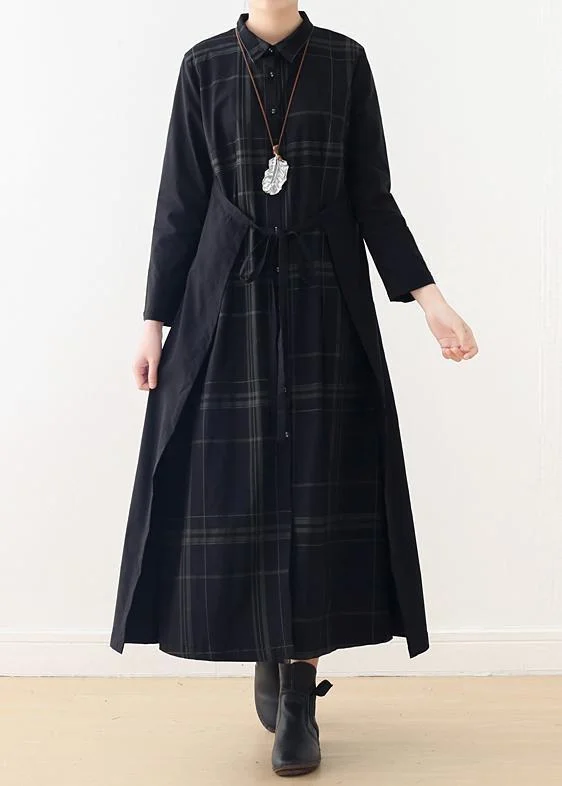 sleek dressFrench lapel tie waist cotton dress Fitted Shirts black Plaid cotton Dress spring