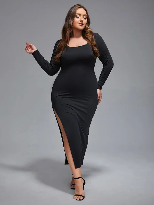 minimalistic dressPlus Side Split Round Neck Bodycon Maxi Dress