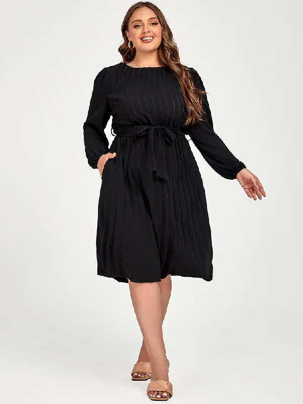 party-ready dressPlus Black Pleated Pocket Solid Tie Midi Dress