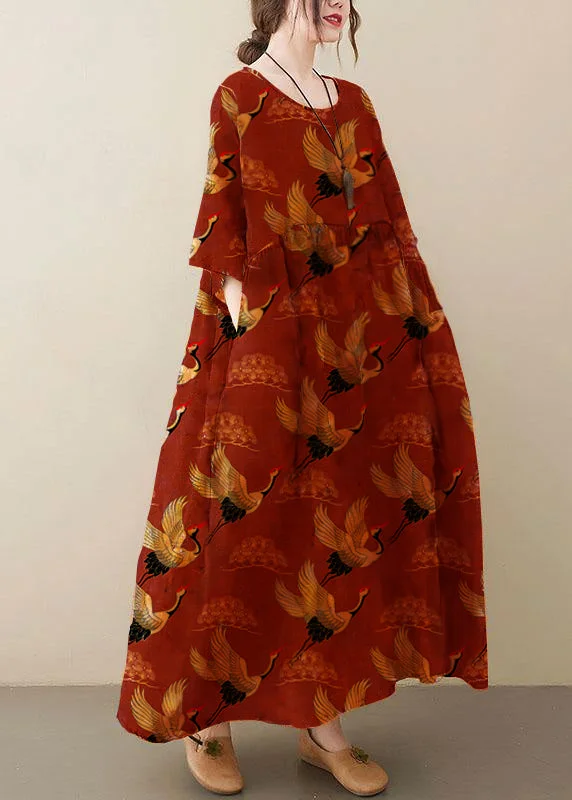 office dressNatural  red O-Neck Pockets Print Summer Sundress