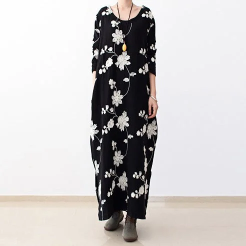 playful dressBlack embroidered cotton dresses 2024 fall caftans long cotton maxi dresses