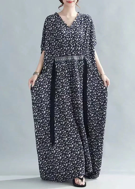 flowy maxi dressFrench Black Print Tie Waist Cotton Long Dress Batwing Sleeve