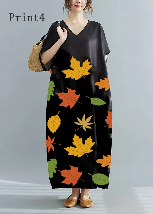 trendy dressLoose Black-print4 V Neck Oversized Leaf Print Chiffon Long Dress Short Sleeve