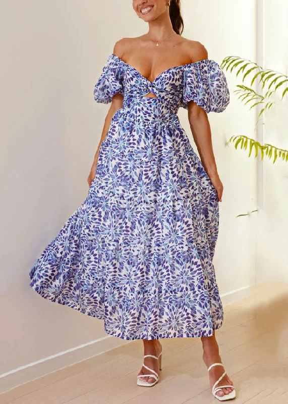 Extra Discounts French Purple V Neck Print Cotton Dress Puff Sleeve