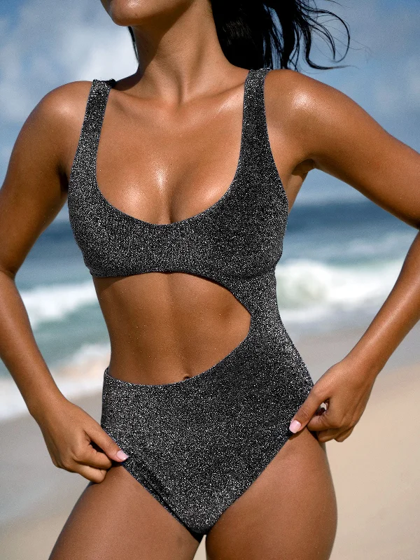 Price Buster Black Lurex Cut Out One-Piece Swimsuit