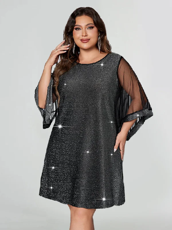 wrap-around dressContrast Mesh Flare Sleeve Glitter Dress