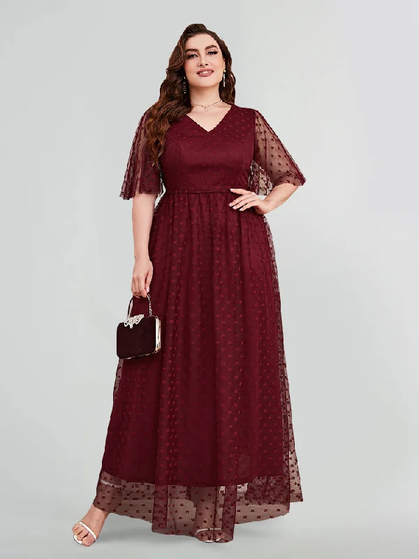 bohemian dressPlus Burgundy Dotted Mesh V-Neck Flutter Sleeve Maxi Dress