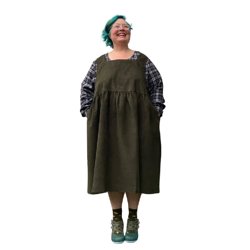 long-sleeve floral dressKelly Corduroy Square Neckline Pinafore Dark Green | Plus Size Dress with pockets available in sizes 14-36