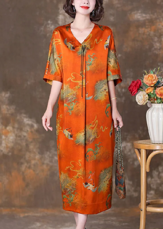 Get It Before It’s Gone Elegant Orange V Neck Button Print Silk Long Dresses Summer