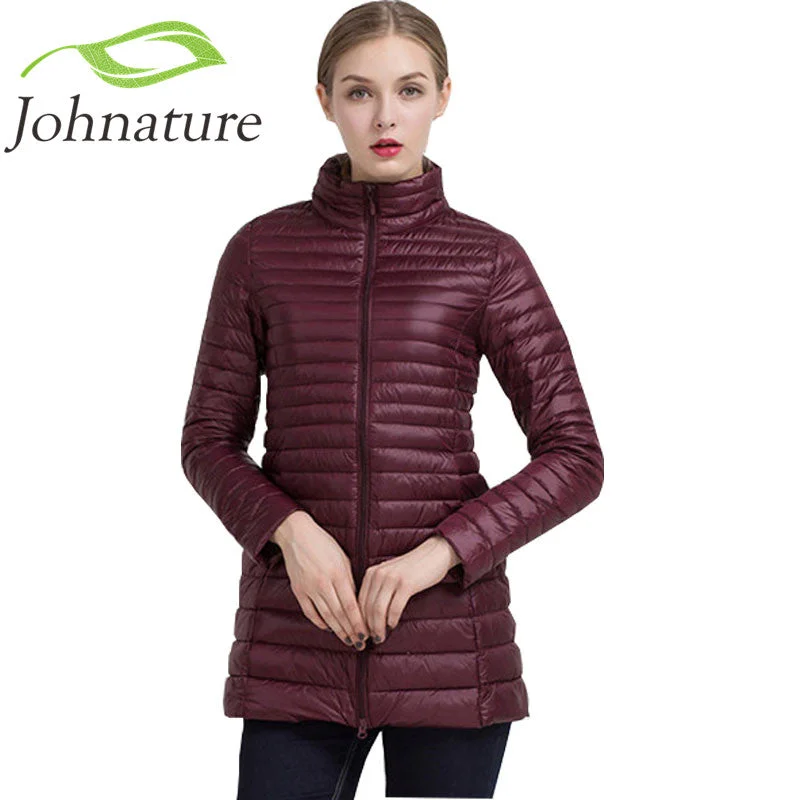 Incredible Offers Johnature 2018 Winter Warm New Women Long Thin Down Jacket Slim Korean Stand Collar White Duck Down Zipper Long Coat S-4XL