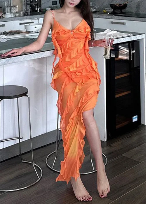 winter dressSexy Orange Asymmetrical Ruffled Tulle Spaghetti Strap Dress Sleeveless