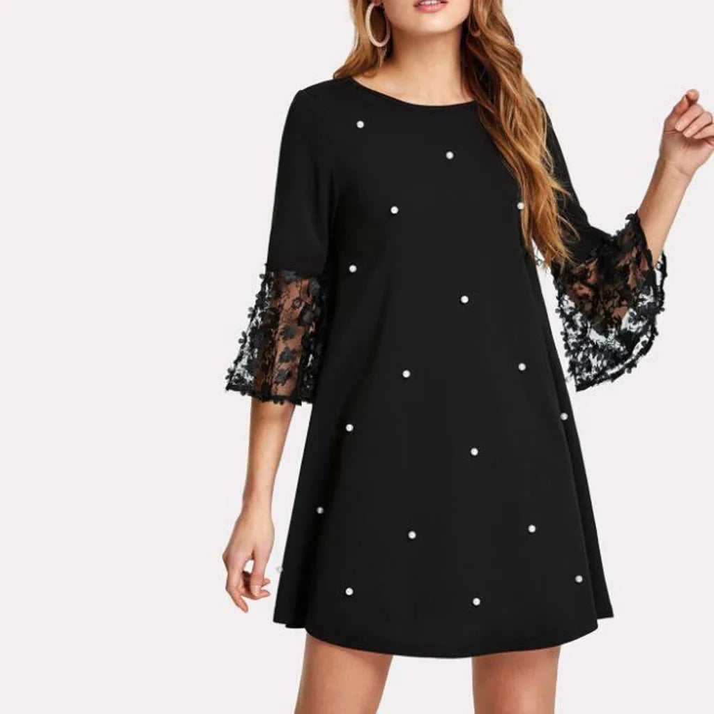 stylish dressJuliaFashion - Spring Fashion Solid Dots O-Neck Women Mesh Lace Spliced Long Sleeve For Women Casual Summer Holiday Vestidos Dress