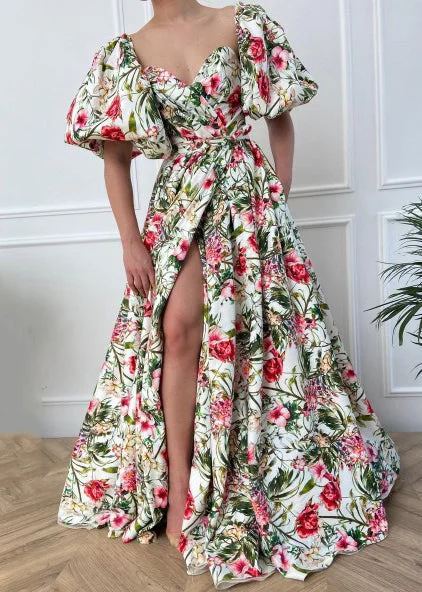 Buy More, Save More French Print Side Open Cotton Long Dress Puff Sleeve