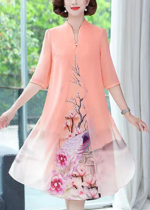 long sleeve dressLight Orange Print Chiffon Dress Stand Collar Half Sleeve