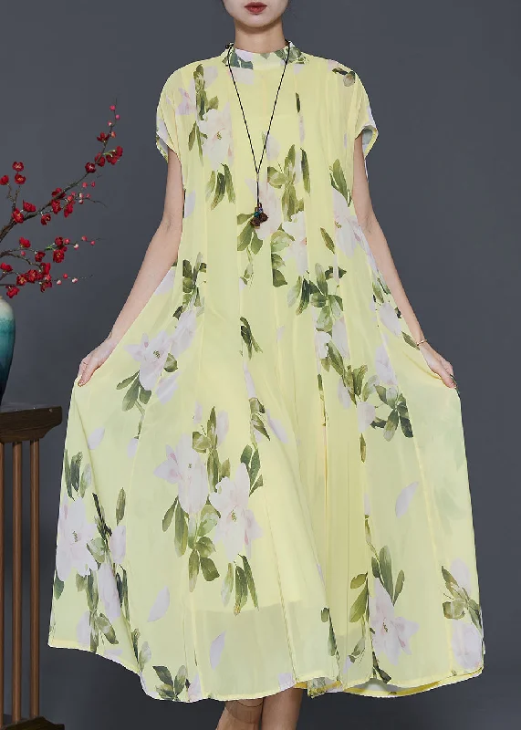 casual day dressBeautiful Grass Green Print Chiffon Long Dress Summer