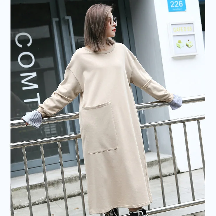 trendy wrap dressbaggy khaki cotton caftans plus size clothing O neck traveling clothing 2018 pockets patchwork autumn dress