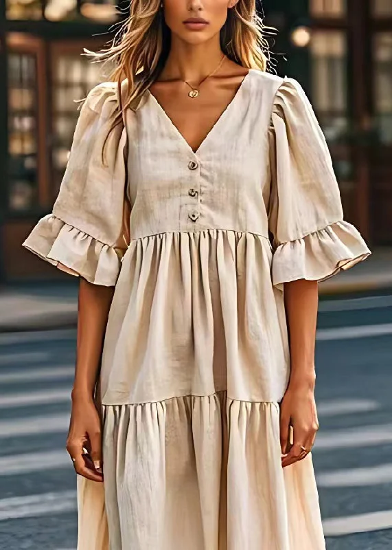 A-line dressPlus Size Beige V Neck Wrinkled Patchwork Linen Dresses Summer