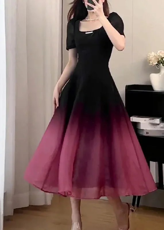 form-fitting dressSexy Black O-Neck Gradient Color Long Dresses Short Sleeve